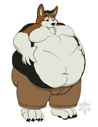  4_toes 5_fingers absurd_res anthro belly big_belly black_claws black_eyebrows black_nose black_pawpads bottomwear canid canine canis ceowolf chest_tuft claws clothed clothing cursed_wolf_commissions deep_navel eyebrows feet fingers fur hand_on_own_belly hi_res holding_belly inner_ear_fluff male mammal moobs morbidly_obese multicolored_body multicolored_fur navel obese obese_anthro obese_male overweight overweight_anthro overweight_male pants pawpads simple_background solo standing teal_eyes toes tuft watermark white_background white_body white_fur white_inner_ear_fluff wolf 