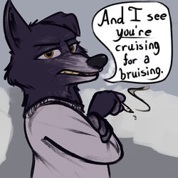  1:1 2023 4_fingers anthro betty_(weaver) black_body black_fur breath brown_eyes canid canine canis cigarette cigarette_smoke clothing conditional_dnp detailed_background dialogue english_text female fingers fur grey_clothing grey_shirt grey_topwear hi_res holding_cigarette holding_object looking_at_viewer mammal mature_female one_ear_up pack_street shirt smoke sneer snow solo speech_bubble talking_to_viewer tangerine_(artist) teeth text topwear wolf yellow_teeth 