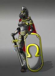  anthro armor blue_eyes boob_armor cape clothing drqube equid equine female fur hair hooves horse mammal melee_weapon plate_armor shield solo_focus solo_in_panel sword warrior weapon white_body white_fur white_hair 