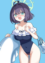  absurdres alternate_costume bag black_hair black_one-piece_swimsuit blue_archive blunt_bangs blush breasts collarbone commentary cosplay embarrassed english_commentary female green_eyes hair_between_eyes halo highleg highleg_swimsuit highres hm_(hmongt) holding holding_swim_ring innertube large_breasts looking_at_viewer miyako_(blue_archive) miyako_(blue_archive)_(cosplay) miyako_(swimsuit)_(blue_archive) one-piece_swimsuit saki_(blue_archive) short_hair sidelocks simple_background spaghetti_strap swim_ring swimsuit textless_version tote_bag 