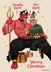  2boys abs absurdres armpit_hair armpit_hair_peek bara beard_stubble box bulge caldatelier christmas colored_skin contrast couple demon_boy demon_horns demon_tail elf english_text facial_hair full_body gift gift_box hat highres horns interspecies large_pectorals long_tongue looking_at_viewer male_focus merry_christmas multicolored_horns multiple_boys muscular muscular_male mustache_stubble navel navel_hair nipple_piercing nipple_rings nipples original pectorals piercing planted pointy_ears polearm red_skin seductive_smile short_hair size_difference smile spread_legs stubble tail thick_eyebrows thick_thighs thigh_straddling thighs tongue tongue_out topless_male trident weapon yaoi 