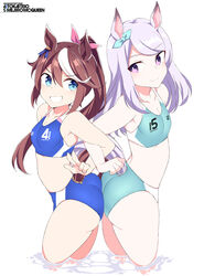  2girls animal_ears aqua_bikini ass-to-ass bikini blue_bikini blue_eyes brown_hair cowboy_shot hair_between_eyes high_ponytail horse_ears horse_girl horse_tail long_hair mejiro_mcqueen_(umamusume) multicolored_hair multiple_girls purple_eyes purple_hair shigino_sohuzi simple_background sports_bikini swimsuit tail tokai_teio_(umamusume) two-tone_hair umamusume white_background white_hair 