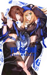  2girls adjusting_clothes adjusting_headwear alternate_costume arm_up baseball_cap black_gloves black_headwear black_jacket black_shirt black_skirt blonde_hair blue_eyes bob_cut brown_hair card cleavage_cutout clothing_cutout commentary copyright_name crop_top dark_magician_girl duel_monster fingerless_gloves gloves green_eyes hat highres holding holding_card holding_hands jacket long_skirt looking_at_viewer mazaki_anzu medium_hair multiple_girls naoki_(2rzmcaizerails6) off_shoulder open_clothes open_jacket open_mouth shirt shoulder_strap skirt smile strap symbol-only_commentary trading_card turtleneck turtleneck_shirt yu-gi-oh! yu-gi-oh!_duel_monsters zipper_skirt 