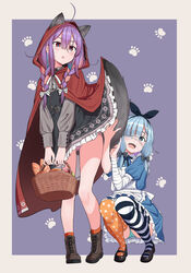  absurdres alice_in_wonderland animal_ears basket blue_hair boots commentary_request halloween halloween_costume highres holding holding_basket little_red_riding_hood mismatched_socks purple_hair tail urushiushiru wolf_ears wolf_tail 