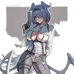  absurdres black_headband blue_hair breasts choker cleavage cleavage_cutout clothing_cutout collared_shirt elira_pendora elira_pendora_(4th_costume) female gun hair_ornament hair_over_one_eye hairband hairclip hairpin handgun head_wings headband highres holding holding_gun holding_weapon large_breasts looking_at_viewer nijisanji nijisanji_en official_alternate_costume seventeencrows shirt simple_background smile solo virtual_youtuber weapon white_shirt wings 