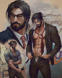  1boy abs aenaluck artist_name bara bare_pectorals beard black_hair black_jacket black_pants carlnes_(aenaluck) facial_hair glasses grey_male_underwear grey_shirt highres holding holding_phone jacket large_pectorals male_focus male_underwear male_underwear_peek muscular muscular_male navel necktie nipples open_clothes open_jacket open_pants open_shirt original pants pectorals phone shirt short_hair underwear white_shirt 