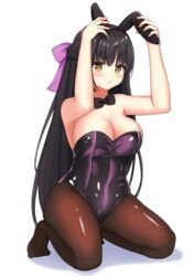  :t absurdres alternate_costume alternate_hairstyle animal_ears arms_up bare_arms bare_shoulders black_bow black_bowtie black_hair black_leotard blush bow bowtie breasts brown_pantyhose cafe_stella_to_shinigami_no_chou cleavage closed_mouth commentary covering_own_ears curvy eyelashes fake_animal_ears female full_body hair_between_eyes hairbow half_updo highres kneeling large_breasts leotard long_hair looking_at_viewer mole mole_under_eye nako_maguro2501 no_shoes pantyhose playboy_bunny pout purple_bow rabbit_ears shiki_natsume shiny_clothes shiny_legwear shiny_skin simple_background solo straight_hair strapless strapless_leotard thighs tiptoes very_long_hair white_background yellow_eyes 