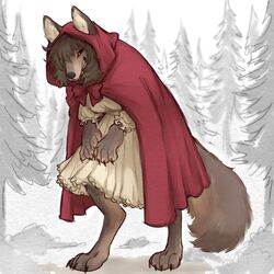  1:1 anthro bangs bared_teeth barefoot big_bad_wolf bow_ribbon canid canine canis claws cloak clothing dark_hair digitigrade dress evil_grin fairy_tales feet female fluffy fluffy_tail forest fusion grin hair hair_over_eye hi_res hood hunched_over large_paws little_red_riding_hood little_red_riding_hood_(copyright) looking_at_viewer mammal one_eye_obstructed paws plant red_cloak red_clothing red_hood selective_coloring simple_background smile smiling_at_viewer solo tail tateoftot teeth teeth_showing tree wavy_hair wolf 