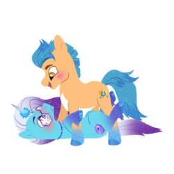  1:1 amber_eyes auroricorn blue_body blue_fur blush clothing coat comet_(mlp) cutie_mark earth_pony equid equine eyewear feral fur glasses hasbro hexagon hexagonal_glasses hitch_trailblazer_(mlp) hooves horn horse leg_markings lying male male/male mammal markings mlp_g5 my_little_pony mythological_creature mythological_equine mythology on_back pony purple_eyes quadruped simple_background socks_(marking) tan_body tan_clothing tan_coat tan_fur tan_topwear topwear toshitoki unicorn white_background 