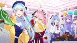  4girls absurdres aqua_eyes aranara_(genshin_impact) azhdaha_(genshin_impact) bad_id bad_pixiv_id beret blue_eyes blue_hair blue_headwear blue_scarf boo_tao_(genshin_impact) casual charlotte_(genshin_impact) commentary_request cone_hair_bun contemporary dress fungi_(genshin_impact) ganyu_(genshin_impact) genshin_impact hair_bun hair_ribbon hat highres indoors jacket kamisato_ayaka keqing_(genshin_impact) long_hair long_sleeves monocle multiple_girls pink_hair purple_eyes purple_hair purple_scarf raiden_shogun red_dress red_ribbon rex_lapis_(genshin_impact) ribbon sailor_collar sailor_shirt scarf shirt shotgunman slime_(genshin_impact) stuffed_animal stuffed_toy upper_body very_long_hair white_shirt yellow_jacket 