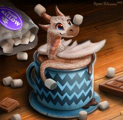  2023 ambiguous_gender bag beverage blue_eyes candy chocolate chocolate_bar comically_large_object container cup dessert detailed detailed_food digital_media_(artwork) digital_painting_(artwork) dragon english_text feral food horn hot_chocolate marshmallow micro mythological_creature mythological_scalie mythology pink_body pink_scales piper_thibodeau saucer scales scalie solo tail text white_body white_scales wings 