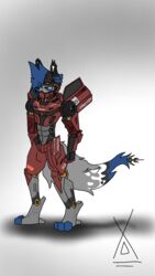  2023 9:16 armor body_armor canid canine car digitigrade fox full-length_portrait hi_res humanoid hz_(hz_foxy) hz_foxy machine male mammal motor_vehicle portrait proton_car red_body robot robot_anthro robotic simple_background solo transformation vehicle 