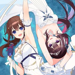  2girls arm_up armband armpits arms_behind_head azki_(5th_costume)_(hololive) azki_(hololive) black_hair blue_eyes brown_hair colored_inner_hair commentary_request dress frilled_armband frills gloves gold_trim hair_flaps hair_ornament hairclip half_gloves highres holding holding_microphone hololive idol idol_clothes kuronaga long_hair microphone multicolored_hair multiple_girls official_alternate_costume open_mouth pink_hair purple_eyes sky sleeveless sleeveless_dress smile star_(sky) star_(symbol) star_hair_ornament starry_sky tiara tokino_sora tokino_sora_(birthday_2022) upside-down virtual_youtuber white_dress white_gloves 