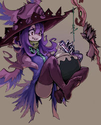  129adam breasts dress female grey_background hat highres holding long_hair original potion purple_dress purple_hair purple_hat purple_thighhighs red_eyes skeletal_arm smile solo stitched_mouth stitches thighhighs witch witch_hat 