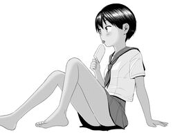  arm_support bare_legs barefoot dithering feet female food from_side funnyaka greyscale holding holding_food holding_popsicle legs moire monochrome neckerchief original panties panty_peek popsicle sailor_collar school_uniform short_hair short_sleeves simple_background sitting skirt solo toes tongue tongue_out underwear white_background 