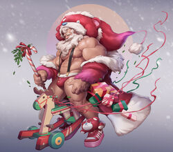  1boy abs absurdres animal_hood bara bear_hood beard bulge candy candy_cane character_costume character_request christmas coat facial_hair food from_side full_beard fur-trimmed_jacket fur-trimmed_shorts fur_trim hat highres holding holding_candy holding_candy_cane holding_food hood jacket jacket_partially_removed large_hands large_pectorals long_beard long_mustache looking_at_viewer male_focus mature_male moustache muscular muscular_male navel nipples old old_man original pectorals receding_hairline red_hat santa_claus santa_costume santa_hat seductive_smile short_hair short_shorts shorts silverjow sleigh smile solo suspenders thick_arms thick_beard thick_eyebrows thick_thighs thighs veins veiny_hands 