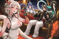  1boy 3girls absurdres arknights bare_shoulders black_hair blue_eyes blue_hair blue_skin bracelet braid breast_rest breasts brother_and_sister brown_hair china_dress chinese_clothes chong_yue_(arknights) colored_skin detached_sleeves dragon_boy dragon_girl dragon_horns dragon_tail dress dusk_(arknights) dusk_(everything_is_a_miracle)_(arknights) folding_fan green_skin hand_fan highres holding holding_fan horns jewelry ling_(arknights) ling_(it_does_wash_the_strings)_(arknights) long_hair long_sleeves looking_at_viewer molyb multicolored_hair multiple_girls nian_(arknights) nian_(unfettered_freedom)_(arknights) official_alternate_costume open_mouth pants pointy_ears purple_eyes red_eyes red_hair red_skin shoes siblings sisters sitting sleeveless sleeveless_dress streaked_hair tail white_dress white_hair wide_sleeves 