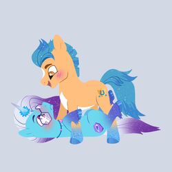  1:1 amber_eyes auroricorn blue_body blue_fur blush clothing coat comet_(mlp) cutie_mark earth_pony equid equine eyewear feral fur glasses grey_background hasbro hexagon hexagonal_glasses hitch_trailblazer_(mlp) hooves horn horse leg_markings lying male male/male mammal markings mlp_g5 my_little_pony mythological_creature mythological_equine mythology on_back pony purple_eyes quadruped simple_background socks_(marking) tan_body tan_clothing tan_coat tan_fur tan_topwear topwear toshitoki unicorn white_background 