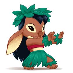  1:1 2023 4_fingers 4_toes alien alternate_species anthro biped black_hair brown_claws brown_eyes brown_nose claws clothed clothing dancing digital_drawing_(artwork) digital_media_(artwork) disney ears_down experiment_(lilo_and_stitch) feet female fingers grass_skirt hair hula leaf leaf_anklet leaf_bracelet leaf_crown lilo_and_stitch lilo_pelekai lilo_pelekai_(experiment) long_hair midriff no_sclera open_mouth open_smile pivoted_ears red_clothing red_topwear red_tube_top shaded smile soft_shading solo toes topwear tube_top unknown_artist young young_anthro 