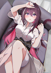  absurdres azki_(4th_costume)_(hololive) azki_(hololive) black_hair blush breasts colored_inner_hair couch dress female hair_between_eyes hair_intakes hair_ornament hairclip highres hololive leg_up long_hair looking_at_viewer lying medium_breasts miniskirt mole mole_under_eye multicolored_hair nail_polish official_alternate_costume on_back open_mouth parted_lips pink_hair pink_nails purple_eyes short_sleeves skirt solo streaked_hair unworn_hair_ornament unworn_hairclip very_long_hair virtual_youtuber white_dress white_hair white_skirt yamaki_(yamaki801) 