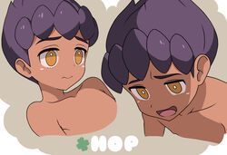  1boy absurdres character_name closed_mouth clover collarbone commentary_request dark-skinned_male dark_skin four-leaf_clover furrowed_brow grey_background head_tilt highres hop_(pokemon) looking_down male_focus multiple_views nude open_mouth orange_eyes pokemon pokemon_swsh purple_hair short_hair souta_(fuyv2783) tongue 