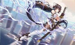  absurdres azur_lane black_hair bow breasts building cleavage cleavage_cutout clothing_cutout covered_nipples elbow_gloves electricity extra_ears female gloves green_eyes hair_ears hair_flaps high-waist_pantyhose highres holding holding_sword holding_weapon katana knee_up large_breasts leotard lightning long_hair official_alternate_costume pantyhose ponytail pool_(lautomaton) ribbon skyscraper sparks sword takao_(azur_lane) takao_(divine_exorcist&#039;s_blade)_(azur_lane) weapon white_bow white_leotard white_ribbon 