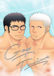  2boys abs bara contrast cover cover_page doujin_cover earrings facial_hair glasses gradient_hair highres jewelry large_pectorals long_sideburns looking_at_viewer male_focus multicolored_hair multiple_boys muscular muscular_male nipples nude original pectoral_docking pectoral_press pectorals porkjinta reversible_couple sanpaku short_hair sideburns sideburns_stubble stubble thick_eyebrows upper_body yaoi 