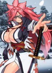  akisu_k architecture baiken belt black_kimono blurry blurry_foreground breasts bright_pupils brown_eyes cleavage cowboy_shot depth_of_field east_asian_architecture facial_mark female forehead_mark grey_sky grin guilty_gear guilty_gear_strive hair_intakes huge_breasts japanese_clothes katana kimono long_hair long_sleeves looking_at_viewer multicolored_clothes multicolored_kimono narrow_waist obi open_clothes open_kimono outdoors outline photo_background pink_hair rock sash scar scar_across_eye shiny_skin sky smile snow snowing solo spiked_hair sword thighs very_long_hair weapon white_kimono white_pupils wide_sleeves winter 