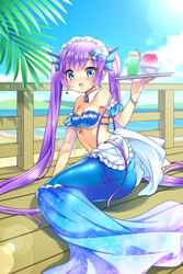  beach blue_eyes blush bow bracelet breasts day earrings female fins food hairbow head_fins highres jewelry long_hair maid_headdress melon_soda mermaid mermaid_costume momojiri_aya monster_girl open_mouth original outdoors purple_hair shaved_ice shell shell_bikini solo teeth twintails upper_teeth_only very_long_hair 