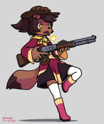  2023 amber_eyes anthro asian_clothing bandana bell boots brown_body brown_fur canid canine clothing cowboy_hat dated digital_drawing_(artwork) digital_media_(artwork) dipstick_tail east_asian_clothing female footwear fox frigadae fur gun hair hat headgear headwear hi_res holding_object holding_weapon kanako_ketsukane kerchief legwear lever_action_rifle mammal markings neckerchief open_mouth ponytail pouches ranged_weapon signature simple_background solo soul tail tail_markings undertale_(series) undertale_yellow weapon young young_anthro young_female 