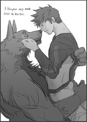  anthro barazoku black_and_white blush bottomwear canid canine canis clothed clothing dialogue duo english_text holding_partner human human_on_anthro interspecies male male/male male_on_anthro male_on_human mammal monochrome nose_kiss pants romantic romantic_couple text touching_noses tyabo6 wolf 