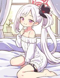  bare_legs bare_shoulders barefoot bed blue_archive blush breasts cleavage commentary dot_nose female finger_to_own_chin flower full_body hair_flower hair_ornament halo hand_on_ground hand_up index_finger_raised indoors long_hair long_sleeves mutsuki_(blue_archive) off-shoulder_sweater off_shoulder on_bed one_side_up onyhakase pointing pointing_at_self ponytail purple_eyes sitting small_breasts smile soles solo straight_hair sweater thigh_strap very_long_hair wariza white_hair white_sweater window 