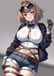  ahoge belt black_jacket blue_shorts blush bow breasts brown_hair center_opening cleavage collared_shirt eyewear_on_head female fur_collar girls&#039;_frontline gloves green_gloves grizzly_mkv_(girls&#039;_frontline) hair_intakes hand_up highres jacket ki-51_(ampullaria) large_breasts looking_at_viewer medium_hair navel open_clothes open_jacket purple_eyes shirt shorts smile solo stomach striped striped_bow sunglasses thigh_strap white_shirt 