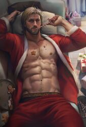  1boy abs aenaluck bara bare_pectorals bed black_male_underwear candy candy_cane clothes_pull cookie food food_in_mouth food_on_body grey_hair highres holding holding_food indoors large_pectorals lying male_focus male_underwear male_underwear_peek master_(aenaluck) muscular muscular_male navel nipples on_back on_bed open_clothes original pants pants_pull pectorals red_pants short_hair solo sparse_stubble underwear 