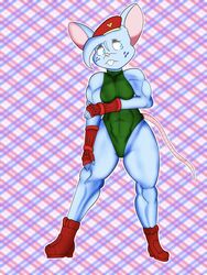  2023 3:4 5_fingers abs anthro bare_shoulders big_ears biped blue_body blue_ears blue_eyes blue_fur blue_hair blue_tuft boots breasts buckteeth cammy_white capcom cheek_tuft clothed clothed_anthro clothed_female clothing colored cosplay digital_drawing_(artwork) digital_media_(artwork) eyelashes facial_tuft female female_anthro fingerless_gloves fingers footwear front_view full-length_portrait fur fur_tuft glistening glistening_eyes gloves green_clothing green_leotard hair halftone hand_on_leg hand_on_own_arm hand_on_own_leg hand_on_own_thigh hand_on_thigh handwear hat headgear headwear hi_res leotard long_tail looking_aside mammal markedmandsx mia_mouse mouse mouse_ears mouse_tail murid murine muscular muscular_anthro muscular_female outline pattern_background perspective-incorrect_clothing perspective-incorrect_leotard perspective-incorrect_texturing pink_inner_ear pink_nose pink_tail plaid plaid_background portrait red_boots red_clothing red_footwear red_gloves red_handwear red_hat red_headwear rodent round_ears shaded simple_background solo standing street_fighter tail teeth tuft white_outline 