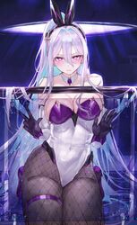  absurdres against_glass animal_ears azur_lane bare_shoulders black_gloves blush breast_press breasts breasts_on_glass collarbone detached_collar detached_sleeves elbow_gloves embarrassed fake_animal_ears female fishnet_pantyhose fishnets gloves highleg highleg_leotard highres kearsarge_(all_night_charge)_(azur_lane) kearsarge_(azur_lane) large_breasts leotard long_hair looking_at_viewer multicolored_clothes multicolored_gloves multicolored_leotard official_alternate_costume pantyhose playboy_bunny ponytail purple_eyes purple_leotard qiandaiyiyu solo strapless strapless_leotard thigh_strap thighs two-tone_gloves two-tone_leotard very_long_hair white_gloves white_hair white_leotard 