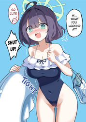  1boy alternate_costume anger_vein bag black_hair black_one-piece_swimsuit blue_archive blunt_bangs blush breasts cameltoe collarbone commentary cosplay doodle_sensei_(blue_archive) embarrassed english_commentary english_text female green_eyes hair_between_eyes halo highleg highleg_swimsuit highres hm_(hmongt) holding holding_swim_ring innertube large_breasts looking_at_viewer miyako_(blue_archive) miyako_(blue_archive)_(cosplay) miyako_(swimsuit)_(blue_archive) one-piece_swimsuit saki_(blue_archive) sensei_(blue_archive) short_hair sidelocks simple_background spaghetti_strap swim_ring swimsuit tote_bag trembling 