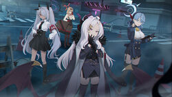  4girls ako_(blue_archive) bag black_coat black_footwear black_gloves black_horns black_necktie black_skirt black_socks black_thighhighs black_wings blue_archive blue_eyes blue_gloves blue_hair blue_halo blue_jacket breasts brown_eyes brown_hair chinatsu_(blue_archive) chinese_commentary chou_xxx coat coat_on_shoulders collared_shirt commentary crosswalk dark-skinned_female dark_skin demon_horns demon_wings flat_chest gloves grey_hair hair_over_one_eye halo highres hina_(blue_archive) horns iori_(blue_archive) jacket kneehighs large_breasts long_hair long_sleeves md5_mismatch multiple_girls multiple_horns necktie outdoors pantyhose parted_bangs pencil_skirt pointy_ears prefect_team_(blue_archive) purple_eyes purple_halo red_eyes red_halo red_pantyhose shirt shoes side_slit sideboob skirt small_breasts socks standing thighhighs traffic_cone white_footwear white_hair white_shirt wings 