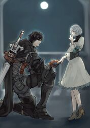  1boy armor armored_legwear black_cape black_hair blush cape clive_rosfield dress eye_contact facial_hair female final_fantasy final_fantasy_xvi frilled_dress frills full_moon hand_grab highres jill_warrick looking_at_another moon moyashi_san4 night night_sky on_one_knee short_hair size_difference sky square_enix time_paradox 