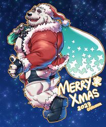  1boy 2023 alternate_costume another_eidos-r ass bara bare_pectorals bear_boy beard_stubble bulge christmas crotch_cutout facial_hair fang_out full_body fur_trim furry furry_male gamubear hat holding holding_sack large_pectorals looking_at_another looking_back male_focus mature_male merry_christmas muscular muscular_male mustache_stubble nipples oerba_yun_fang open_clothes orange_outline pectorals red_hat sack santa_costume santa_hat short_hair sigvaldi_(another_eidos) sky solo star_(sky) starry_sky stubble thick_eyebrows thighs walking 