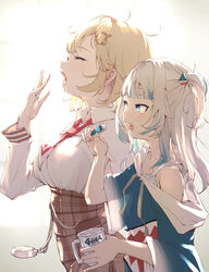  2girls absurdres animal_hood blonde_hair blue_bra blue_eyes blue_hair blue_hoodie blunt_bangs bob_cut bra breasts brown_skirt closed_eyes collared_shirt cup english_commentary gawr_gura gawr_gura_(1st_costume) hair_ornament high-waist_skirt highres holding holding_cup hololive hololive_english hood hoodie large_breasts long_sleeves medium_hair miniskirt mitsuru_(pixiv_34028718) multicolored_hair multiple_girls necktie off_shoulder open_mouth plaid plaid_skirt pleated_skirt red_necktie shark_hair_ornament shark_hood sharp_teeth shirt short_hair short_necktie skirt streaked_hair teeth toothbrush two_side_up underwear virtual_youtuber watson_amelia watson_amelia_(1st_costume) white_hair white_shirt wide_sleeves yawning 