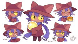  1other animal_ears animal_hat blue_hair blue_scarf blush brown_tunic cat_hat chibi crying food happy hat koginokii light_bulb niko_(oneshot) oneshot_(game) open_mouth pancake scarf tears whiskers 