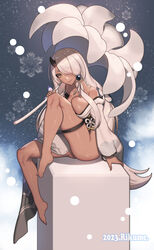  absurdres aya_(trickcal) bare_shoulders barefoot blonde_hair breasts brown_kimono cleavage dark-skinned_female dark_skin english_commentary female flower_umbrella from_side hair_over_one_eye highres horns japanese_clothes kimono knee_up large_breasts legs long_hair looking_at_viewer no_panties off_shoulder rikume single_horn sitting smile solo thigh_strap trickcal very_long_hair yellow_eyes 