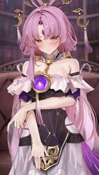  absurdres bare_shoulders blurry blurry_background blush book bookshelf bow-shaped_hair brown_eyes chest_jewel closed_mouth commentary constellation_print couch dress female forehead_jewel fu_xuan_(honkai:_star_rail) hair_ornament hair_stick hashtag-only_commentary highres holding_own_arm honkai:_star_rail honkai_(series) long_hair looking_at_viewer low_twintails oreazu parted_bangs purple_hair sleeveless solo strapless strapless_dress too_many too_many_books twintails upper_body 