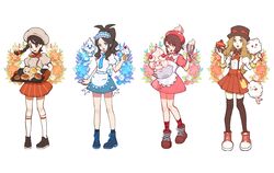  4girls :d alcremie alcremie_(strawberry_sweet) alternate_costume antenna_hair apron blue_eyes blue_necktie boots braid bright_pupils brown_footwear brown_hair commentary_request cotton_candy denim denim_skirt dress eyelashes fidough food gloria_(pokemon) hand_up happy hat high_ponytail highres hilda_(pokemon) hogeol_pk holding ice_cream icing juliana_(pokemon) knees korean_commentary miniskirt multiple_girls necktie open_mouth oven_mitts pigeon-toed pink_dress plaid_socks pleated_skirt pokemon pokemon_(creature) pokemon_bw pokemon_sv pokemon_swsh pokemon_xy red_socks serena_(pokemon) shirt shoes short_sleeves skirt smile socks standing swirlix tam_o&#039;_shanter thighhighs vanillite whisk white_apron white_shirt 