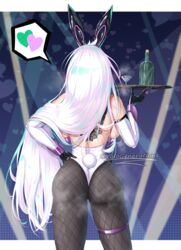  animal_ears ass azur_lane backboob breasts condom elbow_gloves facing_away female fishnets from_behind gloves highres holding holding_tray huge_ass kearsarge_(all_night_charge)_(azur_lane) kearsarge_(azur_lane) large_breasts leotard long_hair mechanical_parts multicolored_clothes multicolored_gloves pantyhose playboy_bunny ponytail rabbit_ears solo standing thighs thong_leotard tray two-tone_gloves white_hair white_leotard yolo_generations 