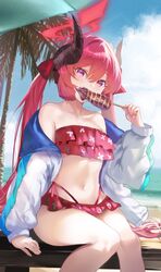  beach bikini black_horns blue_archive blue_sky blush cloud collarbone day eating feet_out_of_frame female flat_chest food halo highres hitaki_yuu holding holding_food horns ikayaki jacket junko_(blue_archive) long_hair long_sleeves looking_at_viewer oerba_yun_fang off_shoulder open_clothes open_jacket open_mouth outdoors palm_tree red_bikini red_eyes red_hair red_halo sitting skin_fang sky solo swimsuit tree twintails white_jacket 