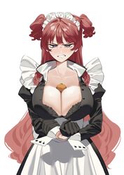  2l_(2lsize) anemone_(2l) anger_vein angry apron black_bra black_dress black_gloves blush bra bra_peek breasts clenched_hand clenched_teeth commentary_request dress female food fruit gloves grey_eyes half_gloves highres juliet_sleeves large_breasts long_hair long_sleeves looking_at_viewer maid maid_apron maid_headdress mandarin_orange object_on_breast original puffy_sleeves red_hair simple_background solo straight-on teeth two_side_up underwear v-shaped_eyebrows very_long_hair waist_apron white_apron white_background wrist_cuffs 