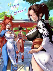  3girls absurdres amputee ass baiken baiken_(cosplay) bare_hips bare_shoulders big_hair black_jacket black_kimono bracelet breasts brown_eyes brown_hair bun_cover china_dress chinese_clothes chun-li chun-li_(cosplay) cleavage cosplay costume_switch covered_navel dango double_bun dress eating facial_tattoo food group_costume_switch guilty_gear guilty_gear_strive h_akito_illust hair_bun hair_pulled_back happy_new_year high_ponytail highres holding holding_skewer jacket jacket_on_shoulders japanese_clothes jewelry kimono large_breasts long_hair looking_at_viewer multicolored_clothes multicolored_kimono multiple_girls ninja obi one-eyed open_clothes open_kimono pelvic_curtain ponytail puffy_short_sleeves puffy_sleeves red_eyes red_hair red_kimono revealing_clothes rope samurai sanshoku_dango sash scar scar_across_eye shiranui_mai shiranui_mai_(cosplay) short_sleeves skewer smile spiked_bracelet spikes street_fighter street_fighter_6 studded_bracelet tattoo the_king_of_fighters thick_thighs thighs very_long_hair wagashi white_kimono wide_sleeves 