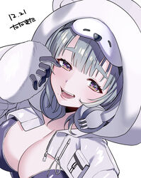  animal_costume animal_hood artist_name bear_costume breasts dated female gloves goddess_of_victory:_nikke grey_hair half-closed_eyes headphones headphones_around_neck highres hood large_breasts long_sleeves looking_at_viewer mask mask_on_head mole neve_(nikke) no_bra open_mouth sleep_mask smile solo tatakita upper_body 